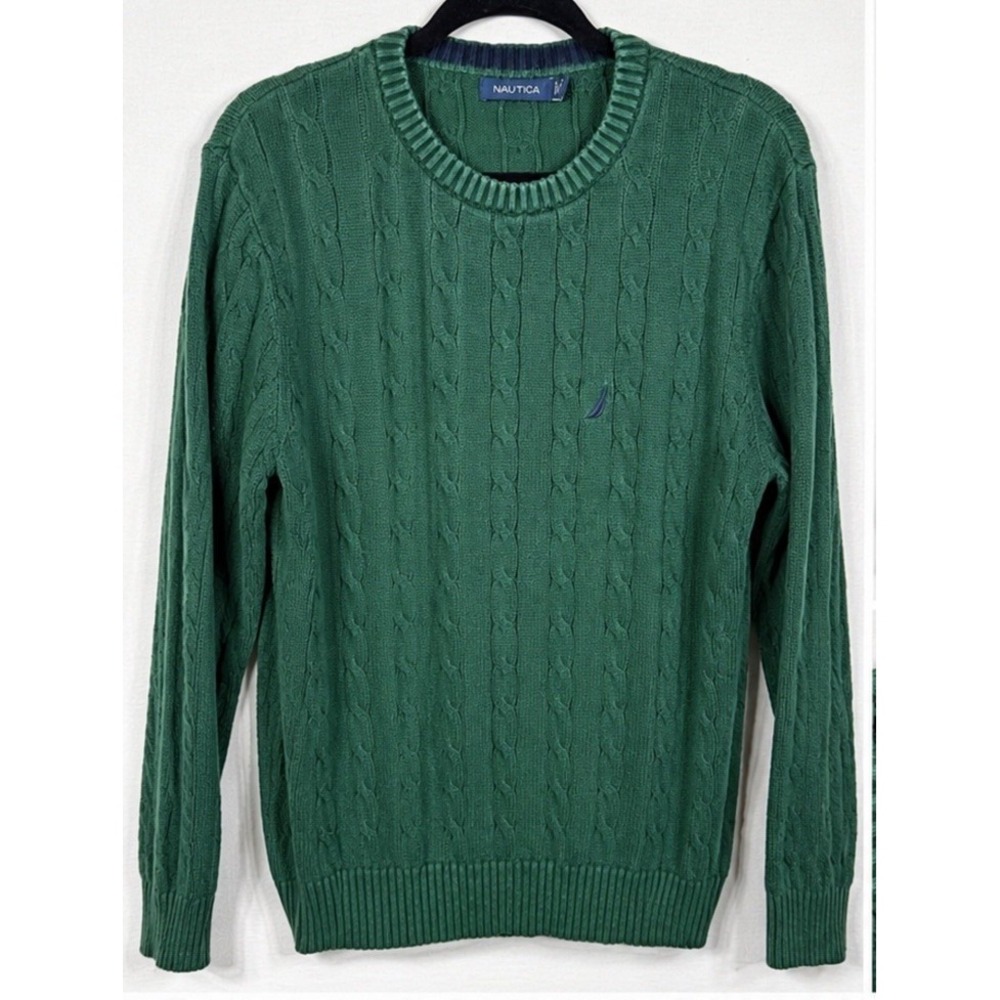 Nautica Mens L Green Cable Knit Crew Neck Sweater 100% Cotton Classic Logo